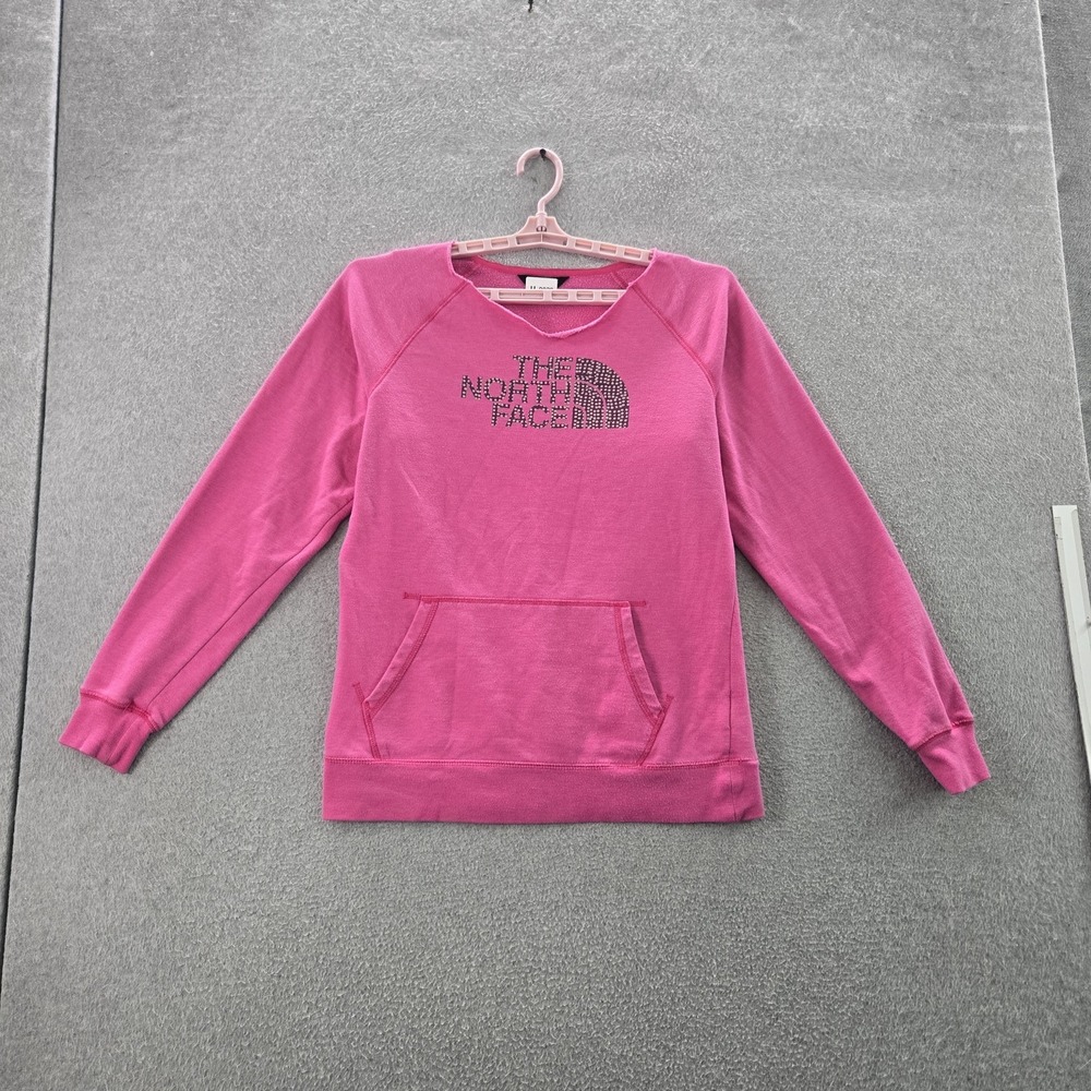 The North Face Women Sweatshirt L/G Pink Fleece Logo Rhinestones Cut Off READ